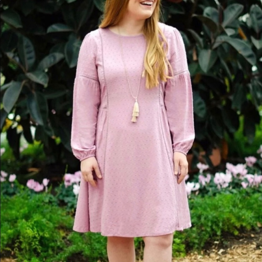 Matilda Jane- TURN ON THR CHARM-lilac colored long sleeve Swiss dot dress